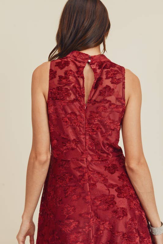 Mock Neck Burn Out Velvet Fit & Flare Dress - 24743D: M / Burgundy