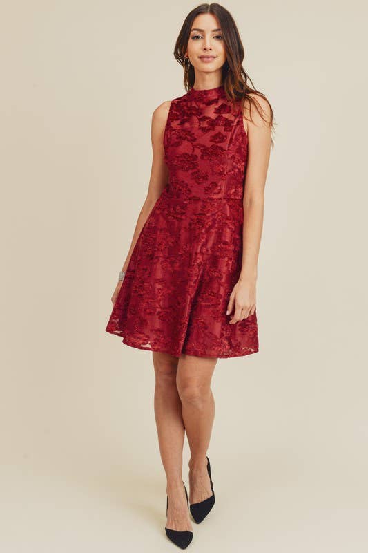 Mock Neck Burn Out Velvet Fit & Flare Dress - 24743D: L / Burgundy