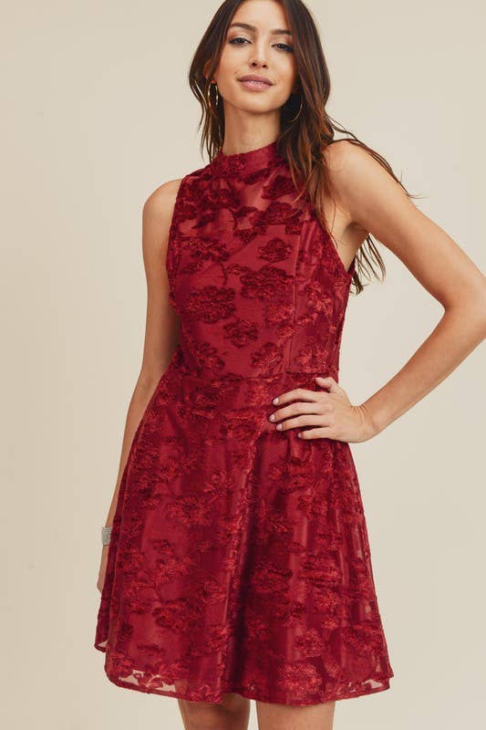 Mock Neck Burn Out Velvet Fit & Flare Dress - 24743D: L / Burgundy