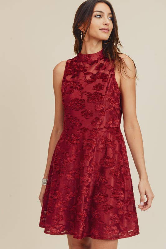 Mock Neck Burn Out Velvet Fit & Flare Dress - 24743D: M / Burgundy