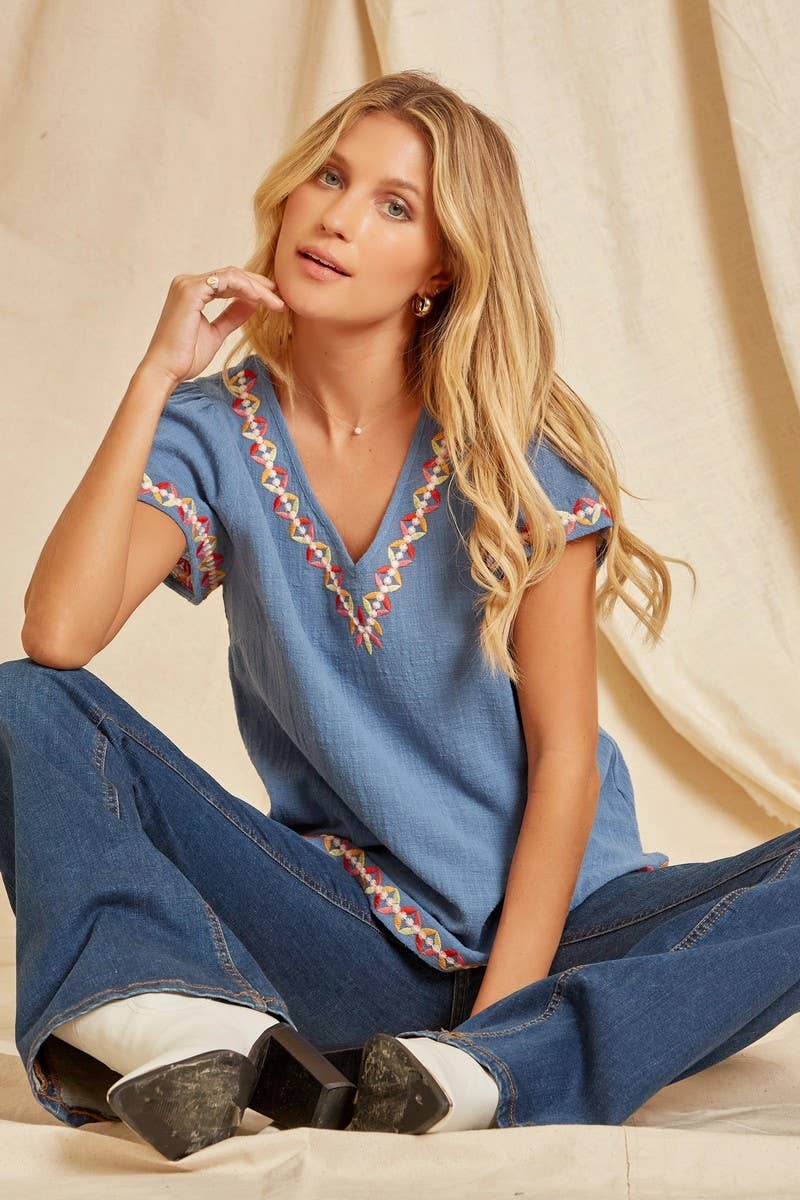 V Neck Embroidered Top T10225